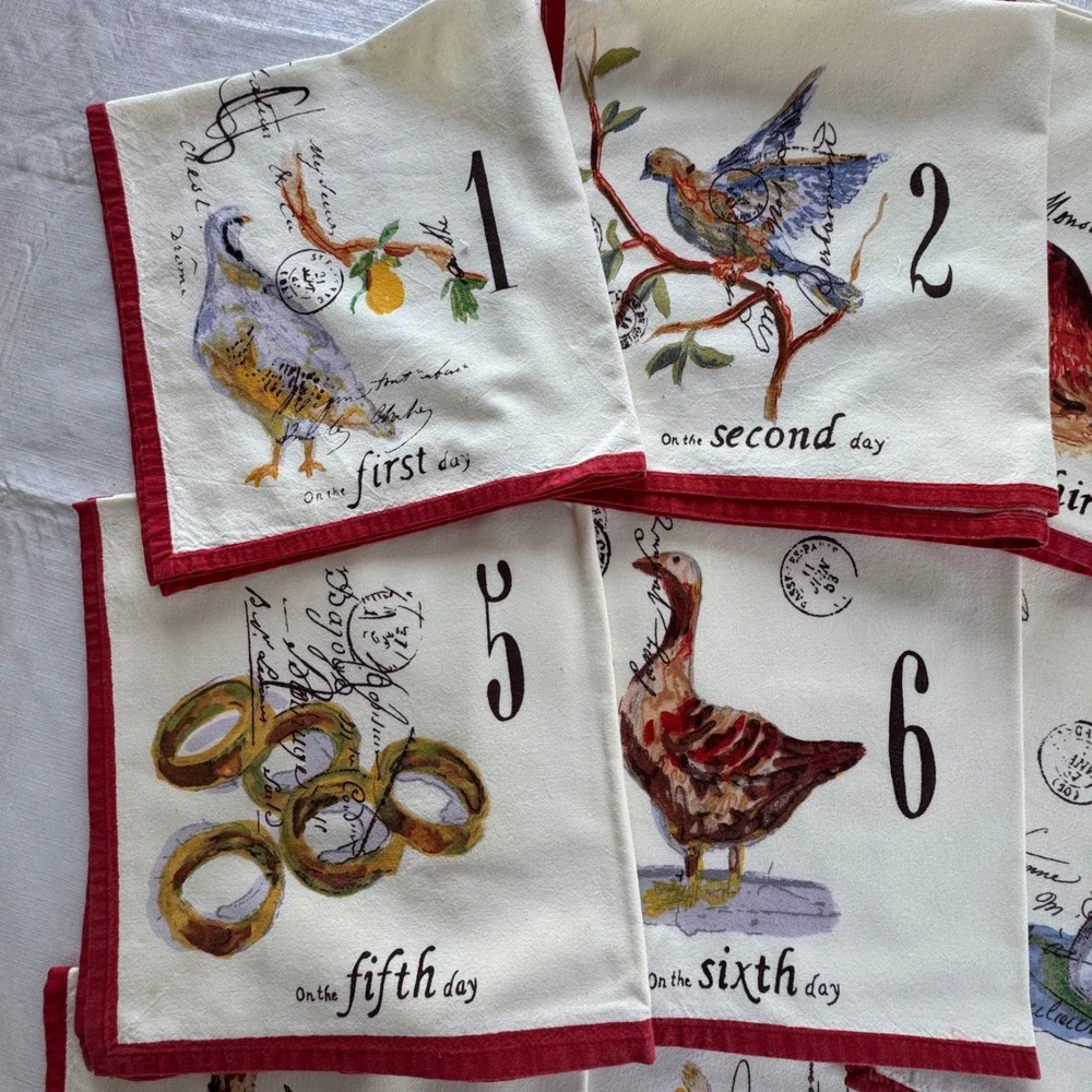 Williams Sonoma 12 Days of Christmas Cotton Napkins Set of 12 Red White RARE
